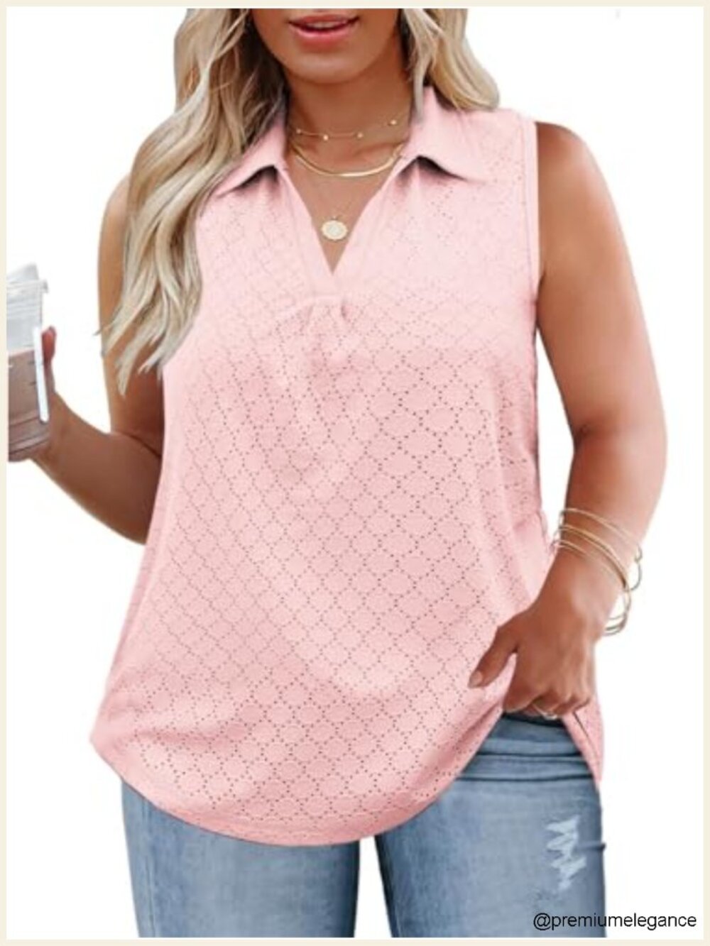 Plus Size Sleeveless Tank Top Eyelet V Neck Tunic Casual Summer